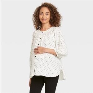 The Nines by Hatch Peasant Blouse Maternity Button Front Cream Printed Small